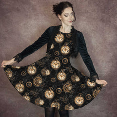 Steampunk Clockwork Gears Dress - Black with Gold Bronze Print - Large Size Range - Plus Size Friendly