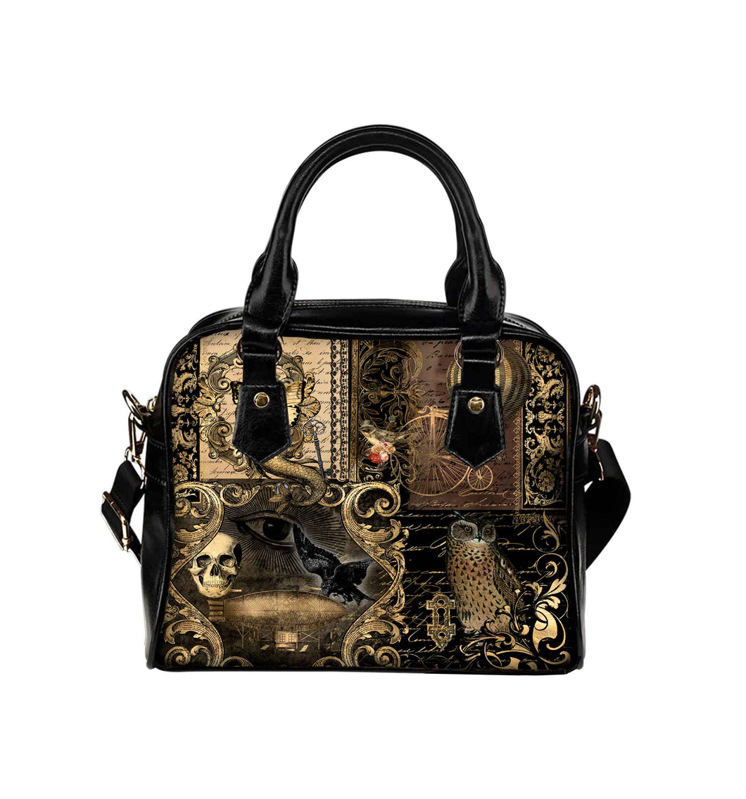 Steampunk Patchwork Dark Academia Synthetic Leather Handbag  - Gothic Steampunk Shoulder Bag (HBAB5)
