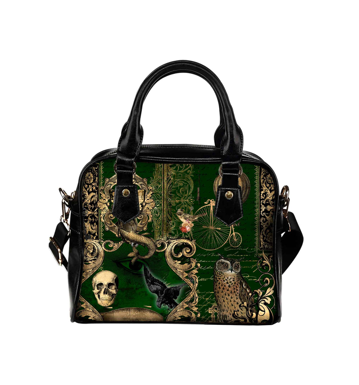 Steampunk Patchwork Dark Academia Green Synthetic Vegan Leather HandBag - Gothic Steampunk Shoulder purse (HBAB4)