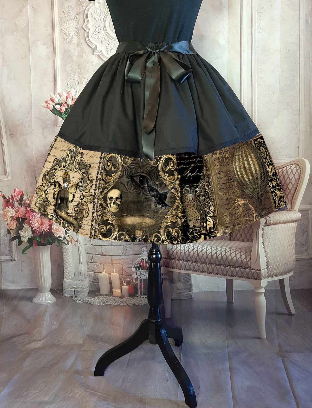 Steampunk Gothic Horror Rockabilly Full Skirt - 50's Style Costume Skirt - Owl and Raven Golden Steampunk Design