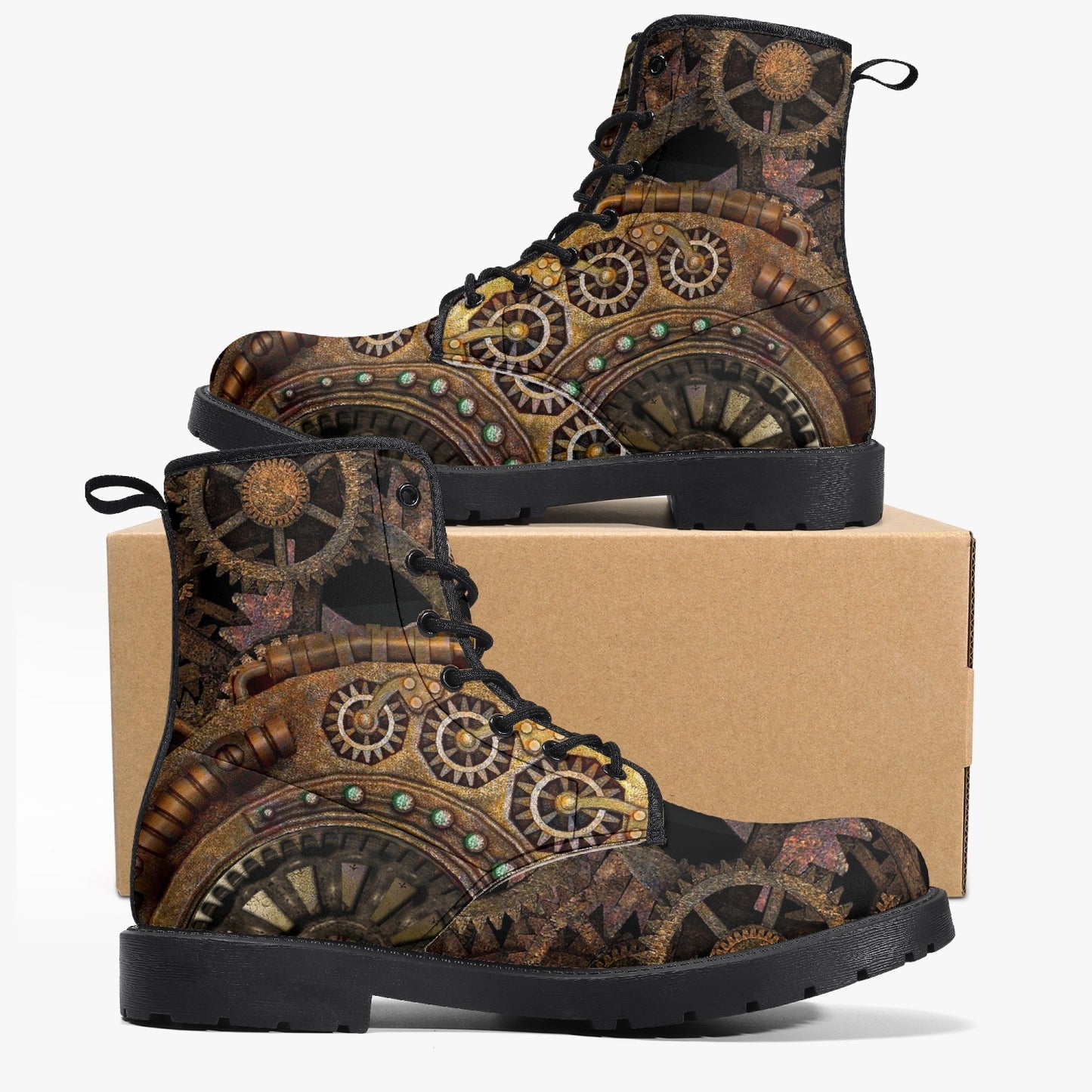 Steampunk Clockwork Gears Bronze Vegan leather Combat Boots - Vegan Leather Gothic Steampunk Boots (JPREGSTB)