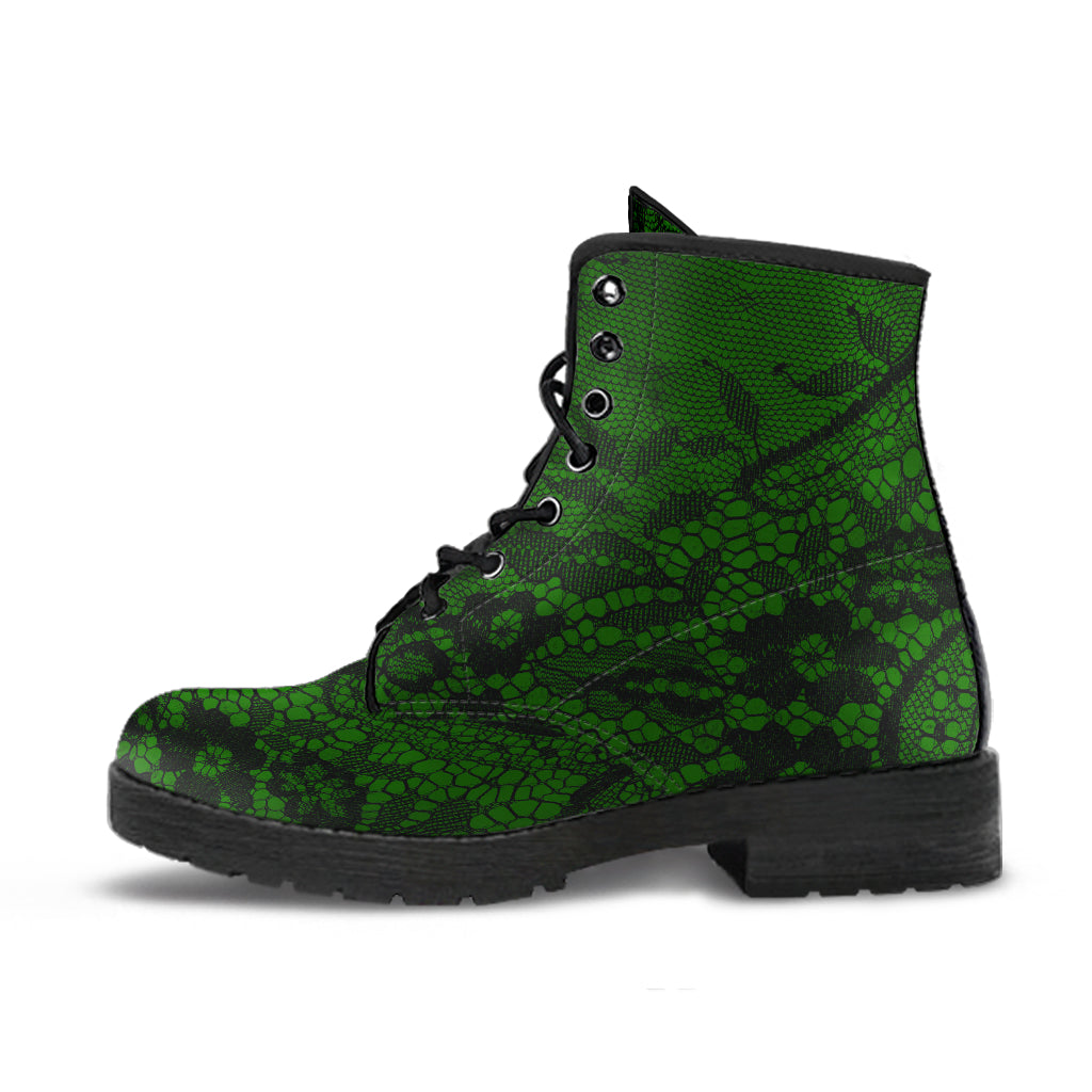 Gothic Kelly Green Combat Boots with black lace print (REG82)