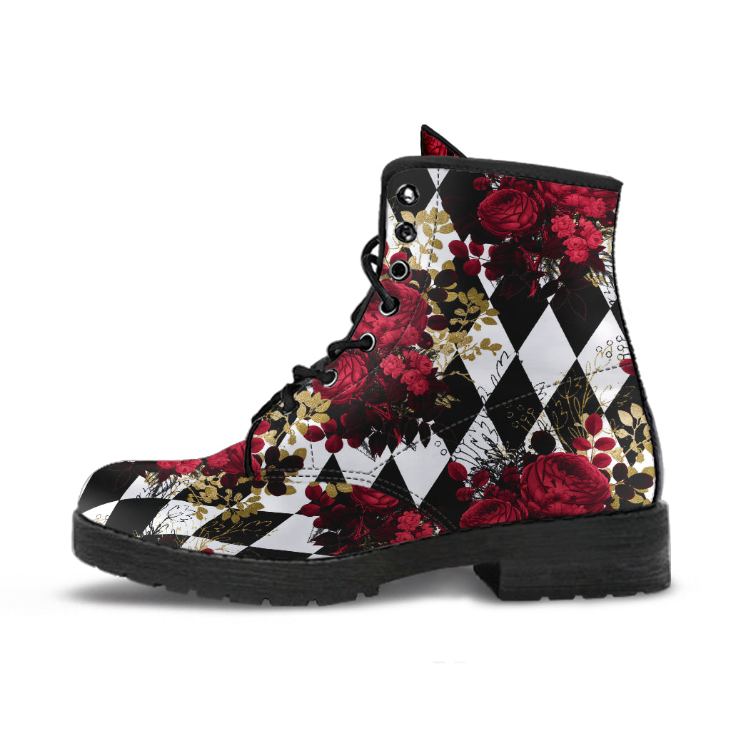 Gothic Roses and Diamonds Vegan leather Combat Boots - Vegan Leather Gothic Rose Boots(REG13)