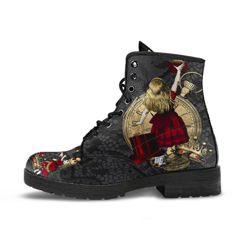 alice in wonderland gothic combat boots, featuring a black lace print on the background with Alice, the White rabbit, queen of hearts and cheshire cat printed in vibrant reds and golds.   Very comfortable boots which lace up.