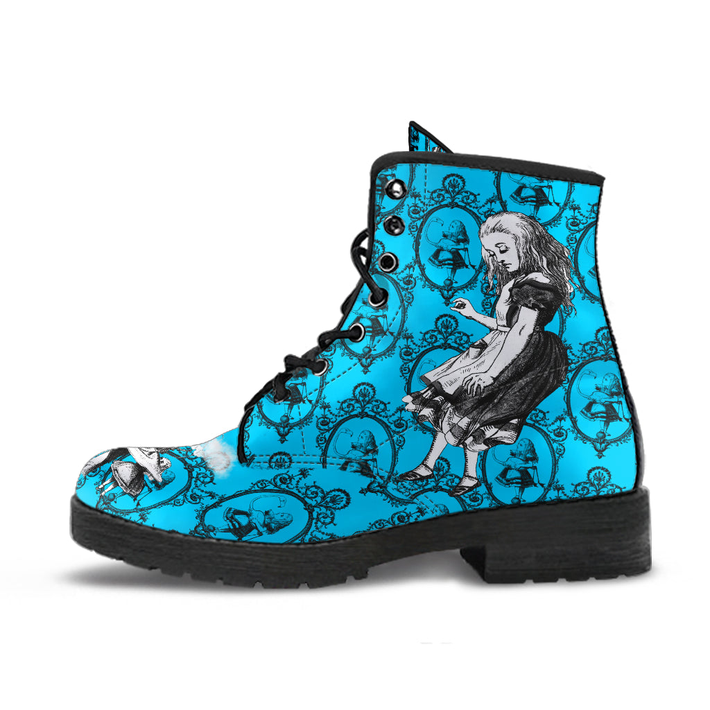 Turquoise Alice in Wonderland Vegan Leather Combat Boots - Mad Hatter Tea Party Costume (REGTA1)