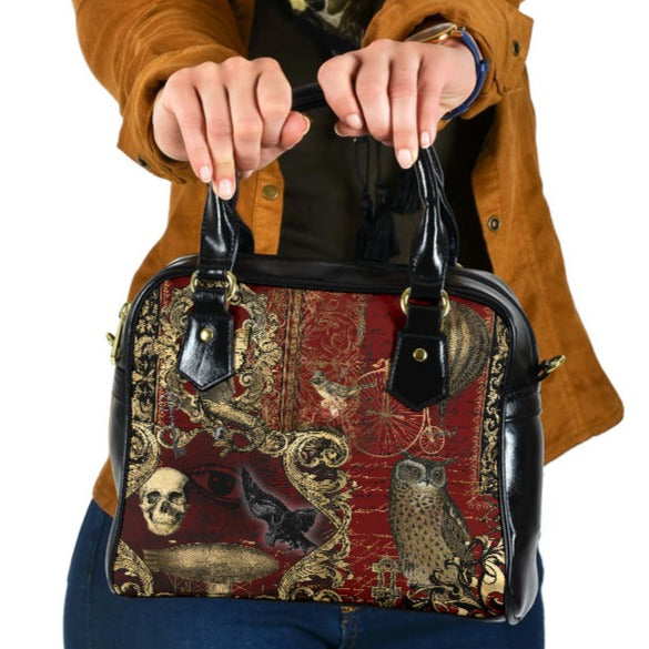 Steampunk Patchwork Dark Academia Blood Red Shopping Tote Bag - Gothic Steampunk Eco Tote (HBAB3)