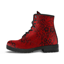 Load image into Gallery viewer, Red and Black Lace Print Vegan Leather Combat Boots (REG 25)
