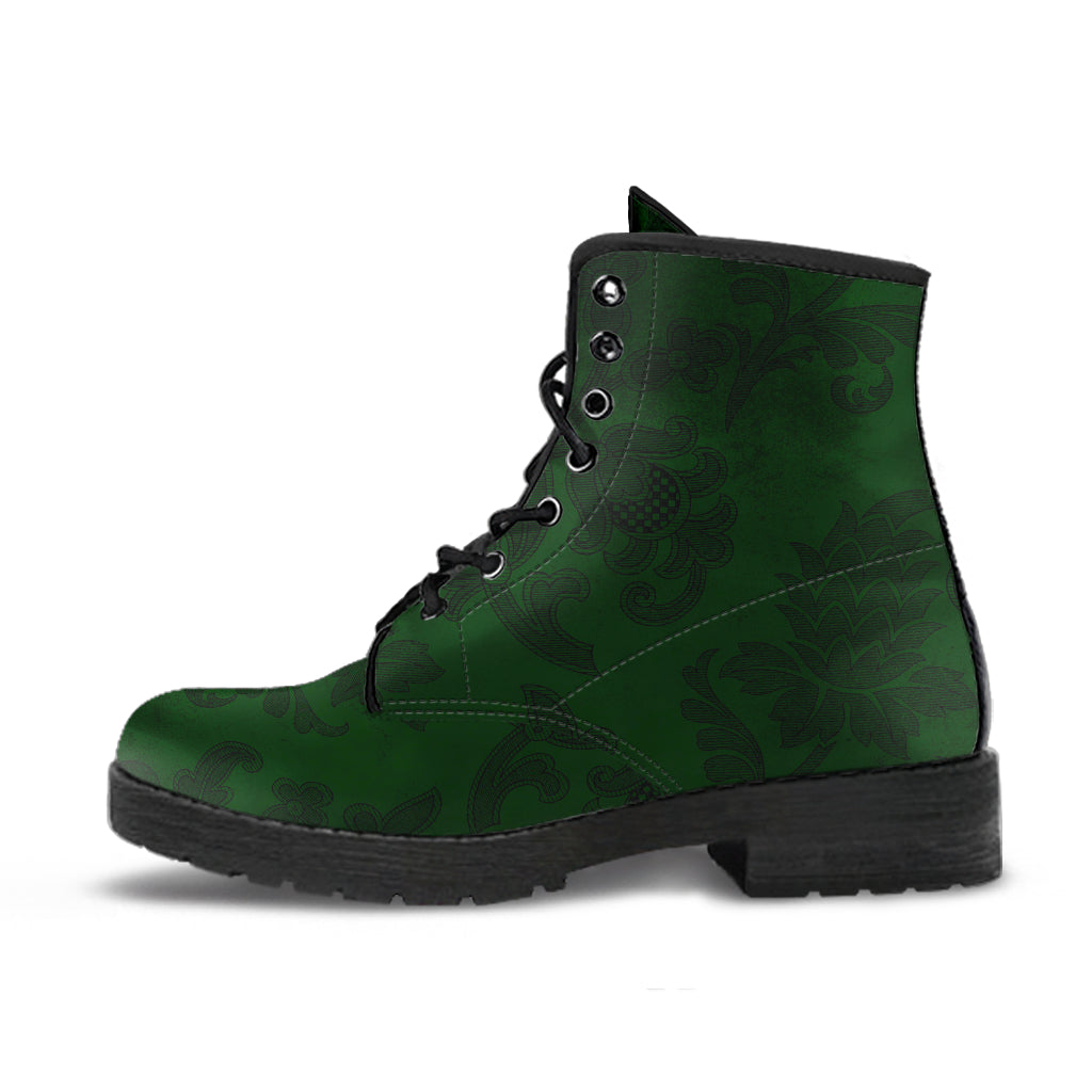 Bottle Green Damask Print Vegan Leather Combat Boots (REG38)