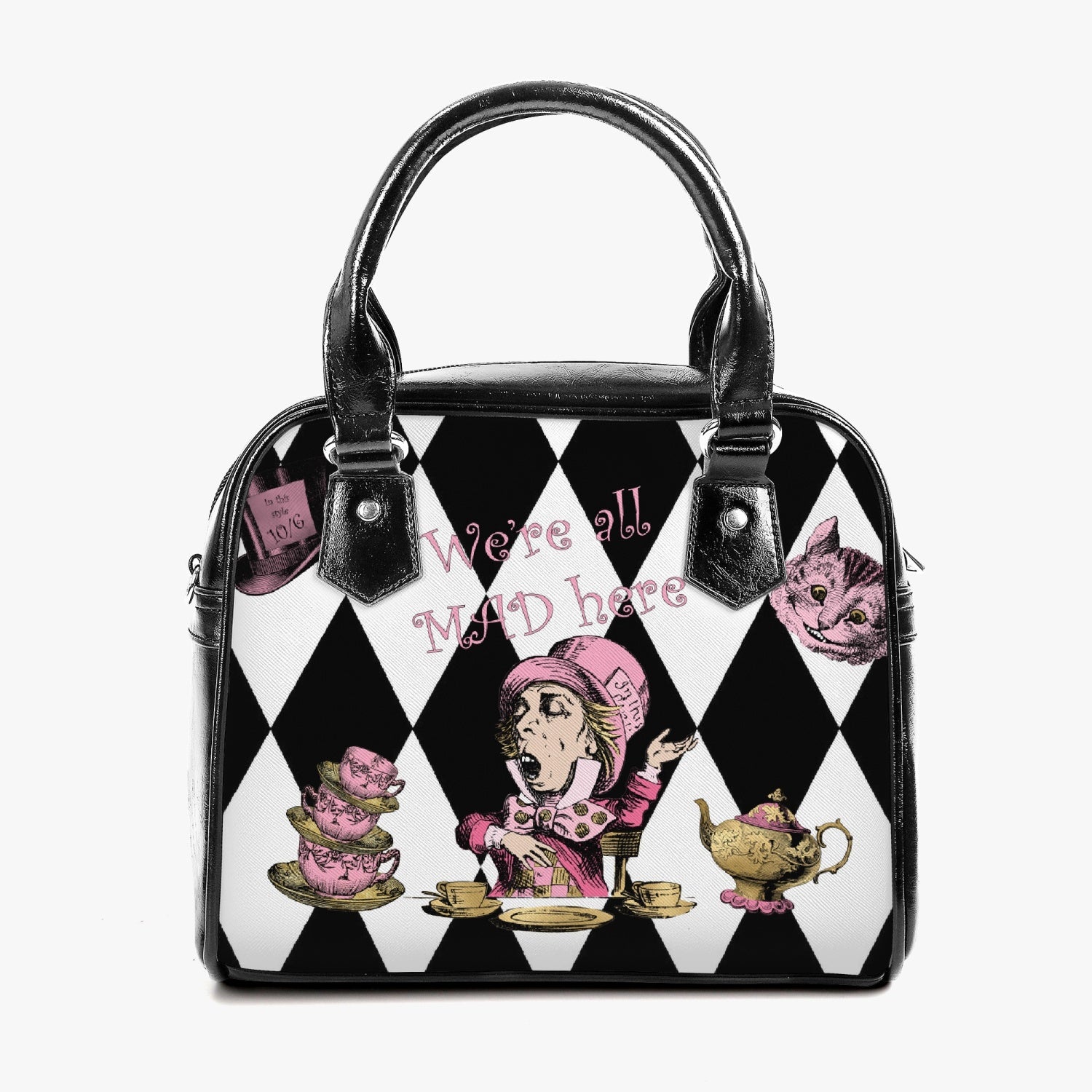 Mad hatter handbag featuring the mad hatter surrounded by teacups, teapots and top hats on a black and white diamond background.  The bag has black handles and shoulder strap.  With the quote 'we're all mad here' 