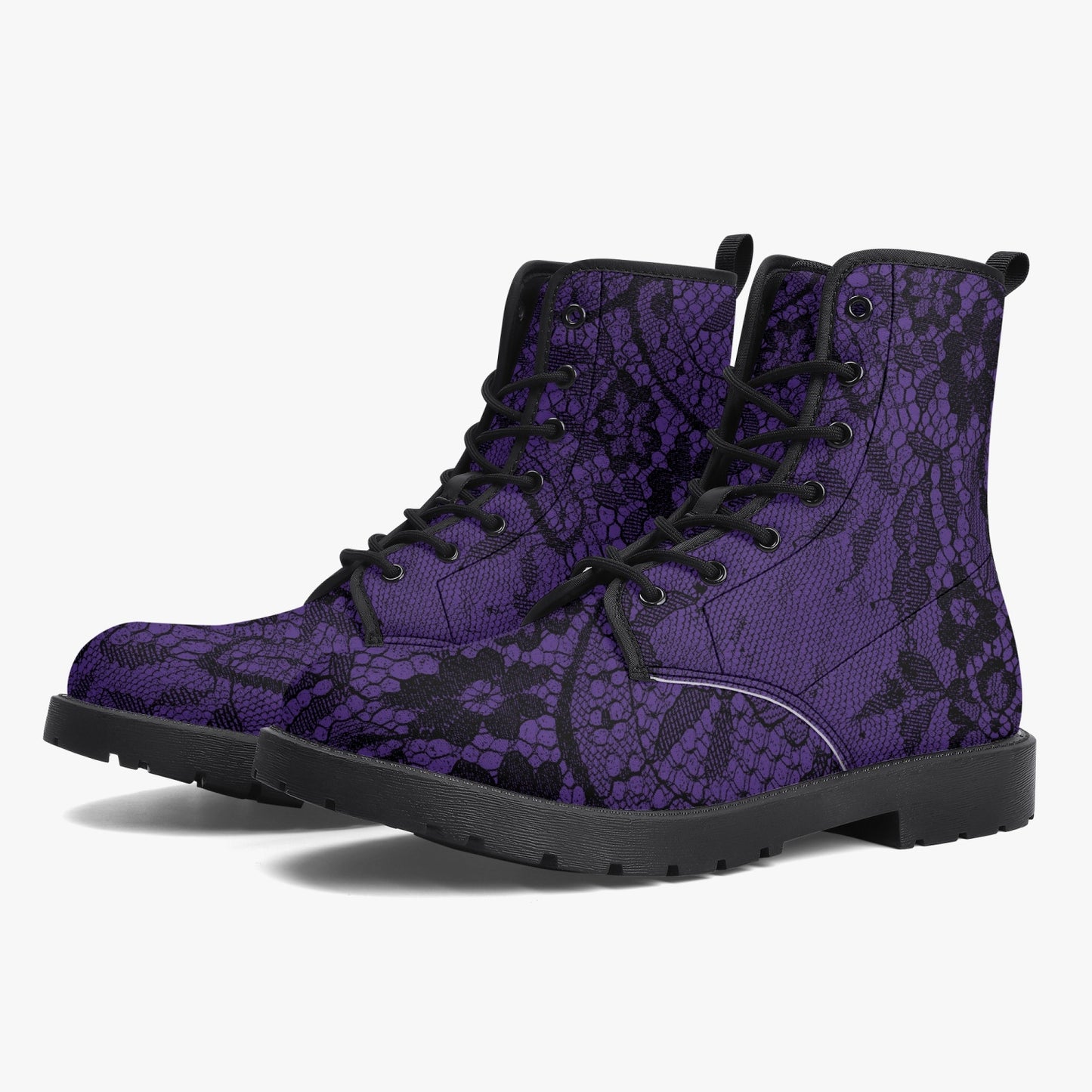 Purple and Black Lace Vegan leather Combat Boots - Vegan Leather Purple Goth Boots (JPREG26)