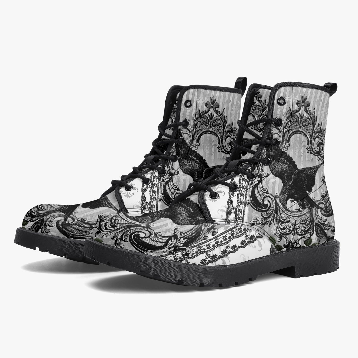 Gothic Raven Black and white Vegan leather Combat Boots - Raven boots  (JPREG61)