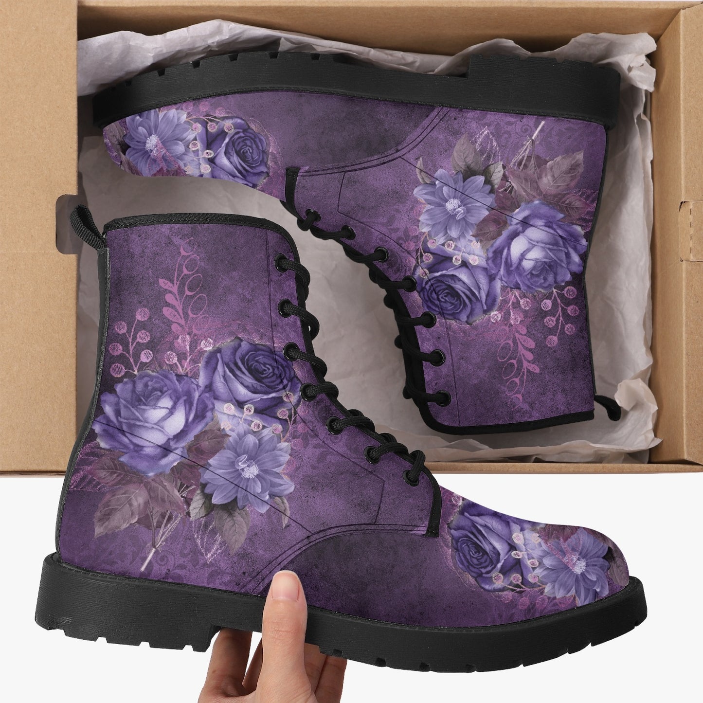 Purple Gothic Floral Vegan leather Combat Boots - Dark Victorian Roses Boots (JPREG71)