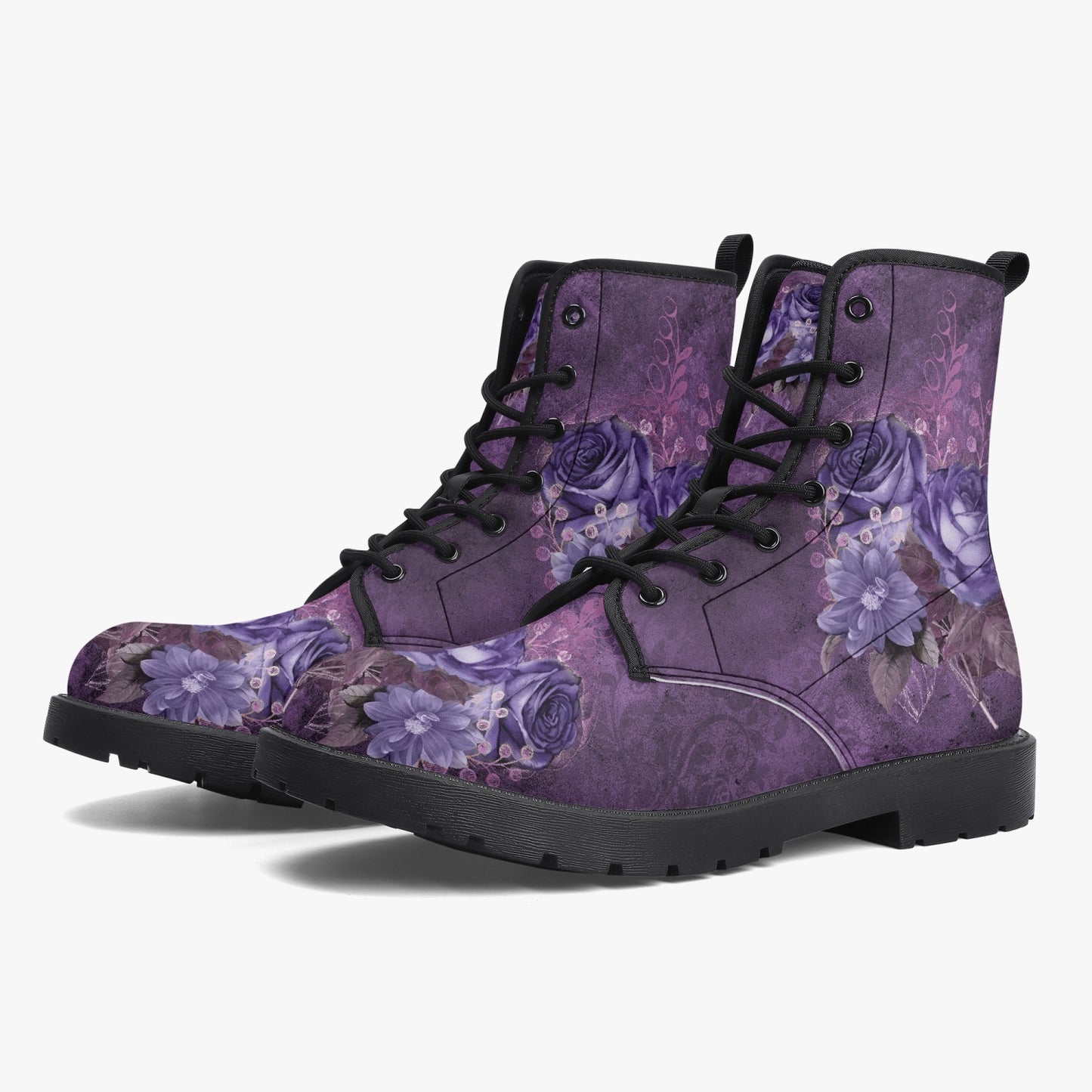 Purple Gothic Floral Vegan leather Combat Boots - Dark Victorian Roses Boots (JPREG71)