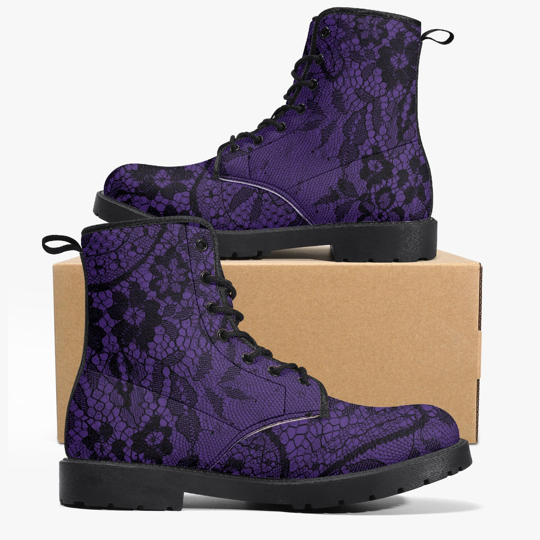 Purple and Black Lace Vegan leather Combat Boots - Vegan Leather Purple Goth Boots (JPREG26)