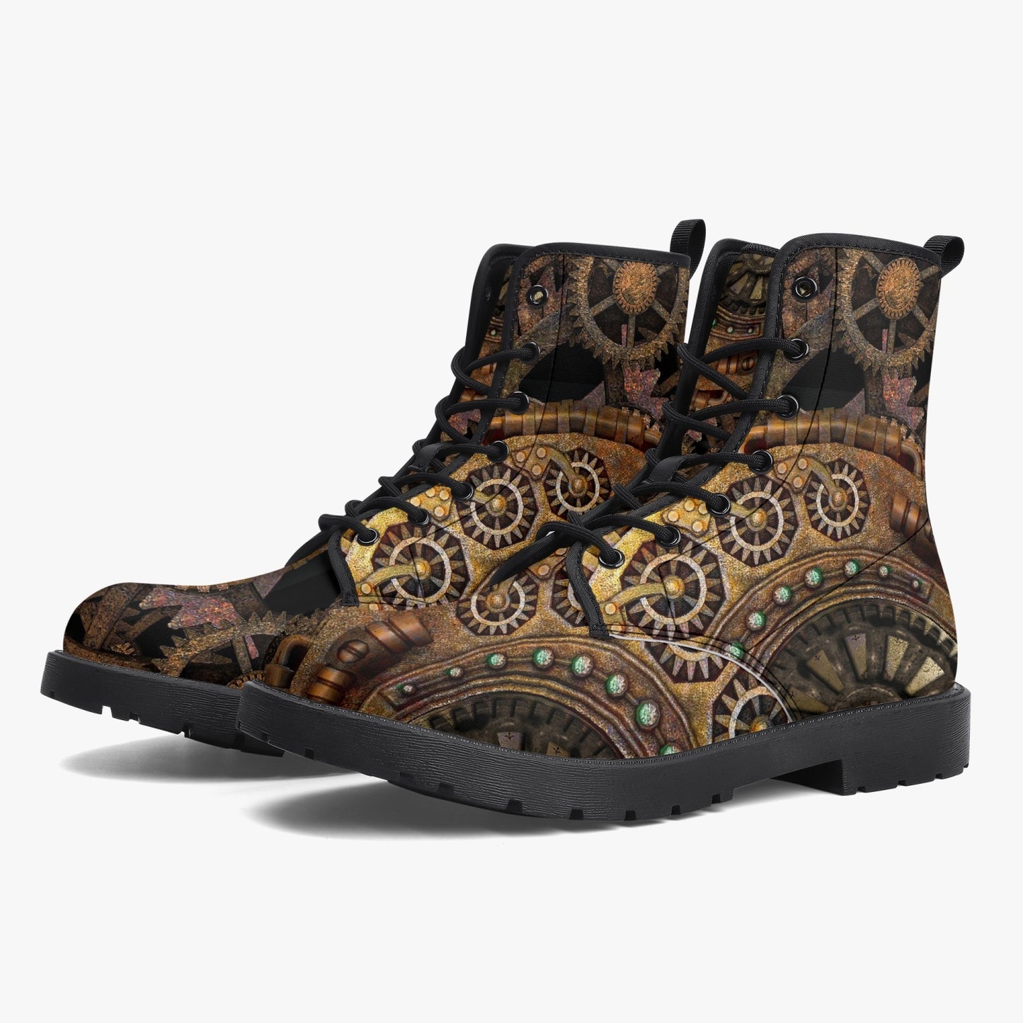 Steampunk Clockwork Gears Bronze Vegan leather Combat Boots - Vegan Leather Gothic Steampunk Boots (JPREGSTB)