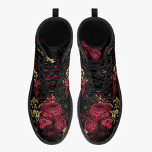 Load image into Gallery viewer, Red Roses Floral Black Vegan leather Combat Boots - Vegan Leather Floral Boots (JPREG28)
