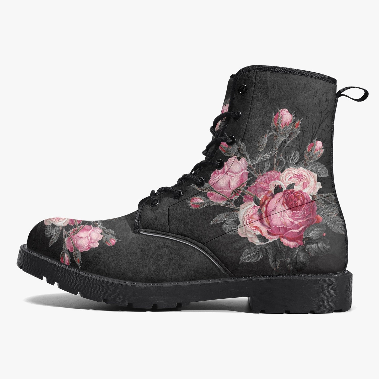 Gothic Pink and Grey Floral Vegan leather Combat Boots - Dark Victorian Roses Boots  (JPREG74)