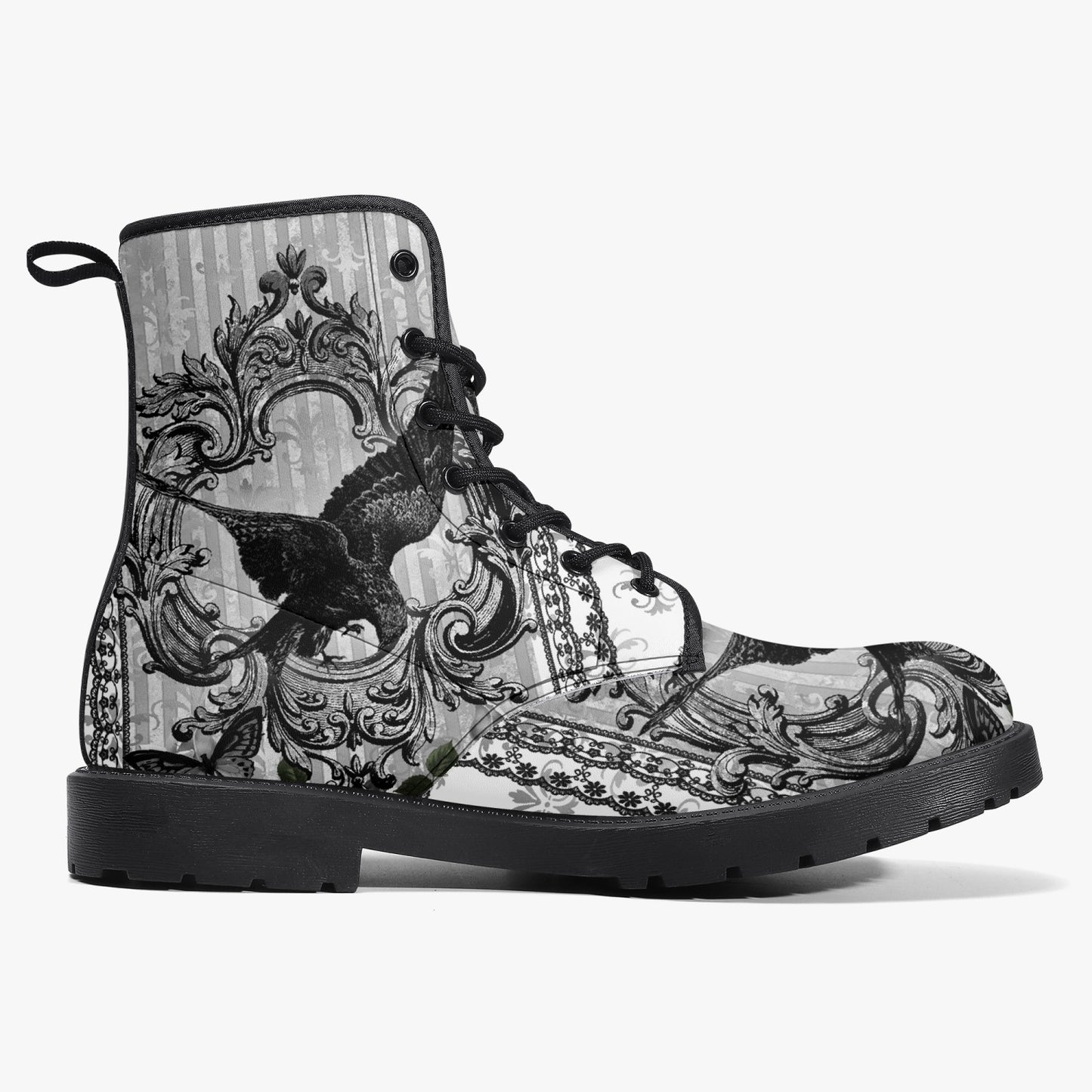 Gothic Raven Black and white Vegan leather Combat Boots - Raven boots  (JPREG61)