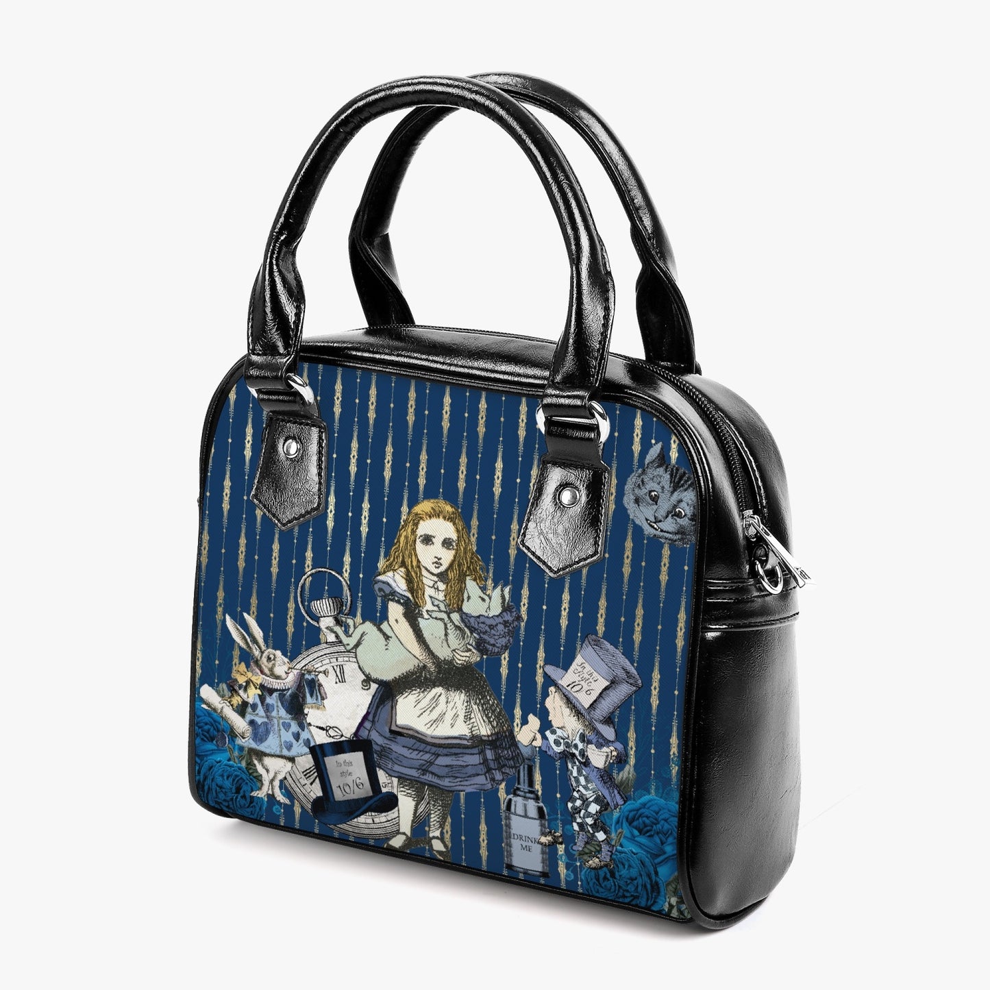 Alice in Wonderland Navy and Pastel Blue Shoulder Handbag - Alice and the Baby Pig - Vegan Leather Alice in Wonderland Bag - (JPHBBA)