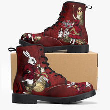 Load image into Gallery viewer, Alice in Wonderland Gothic Red and Gold Combat Boots - Through the Looking Glass Goth Boots, Red Gothic Grunge Version (JPREG96)
