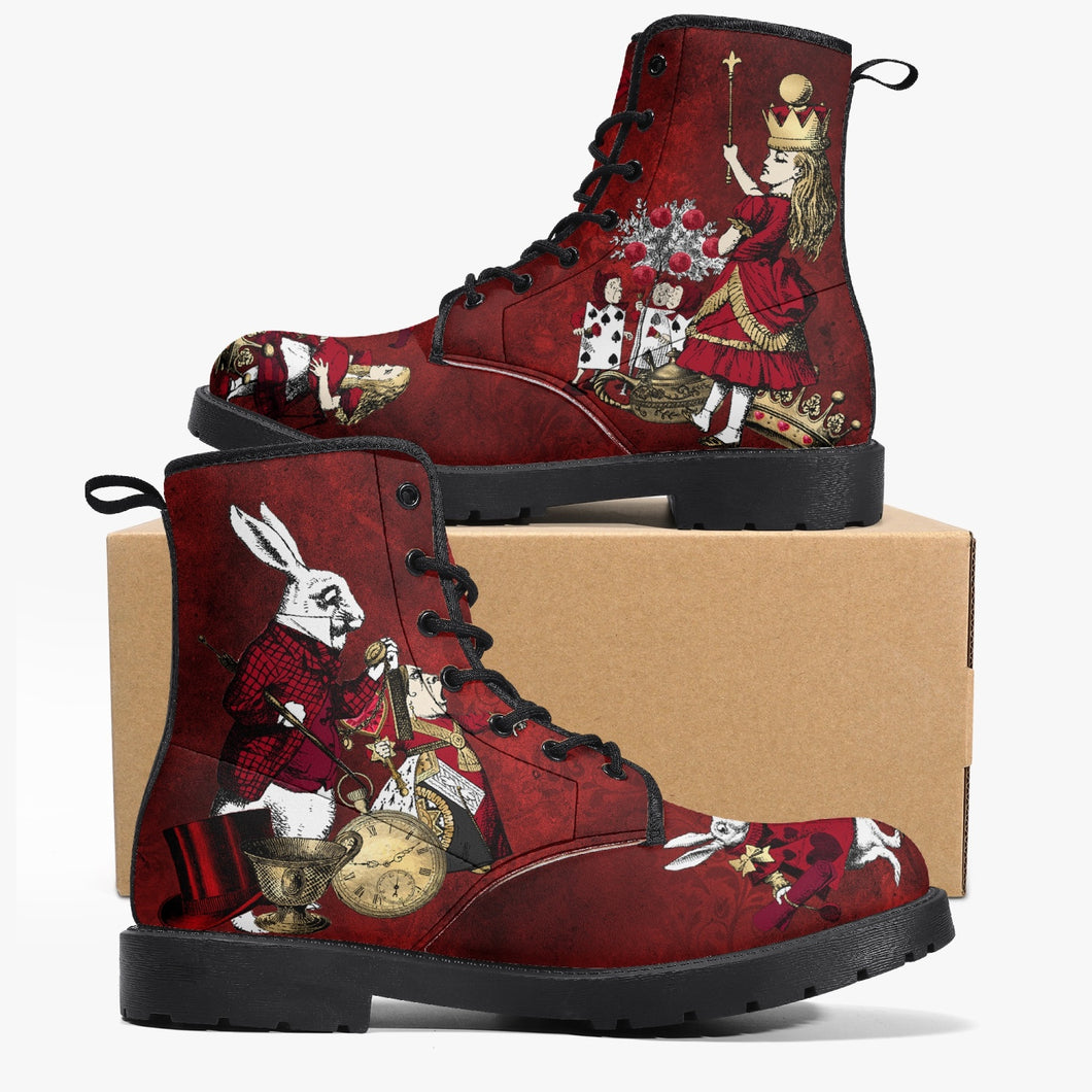 Alice in Wonderland Gothic Red and Gold Combat Boots - Through the Looking Glass Goth Boots, Red Gothic Grunge Version (JPREG96)