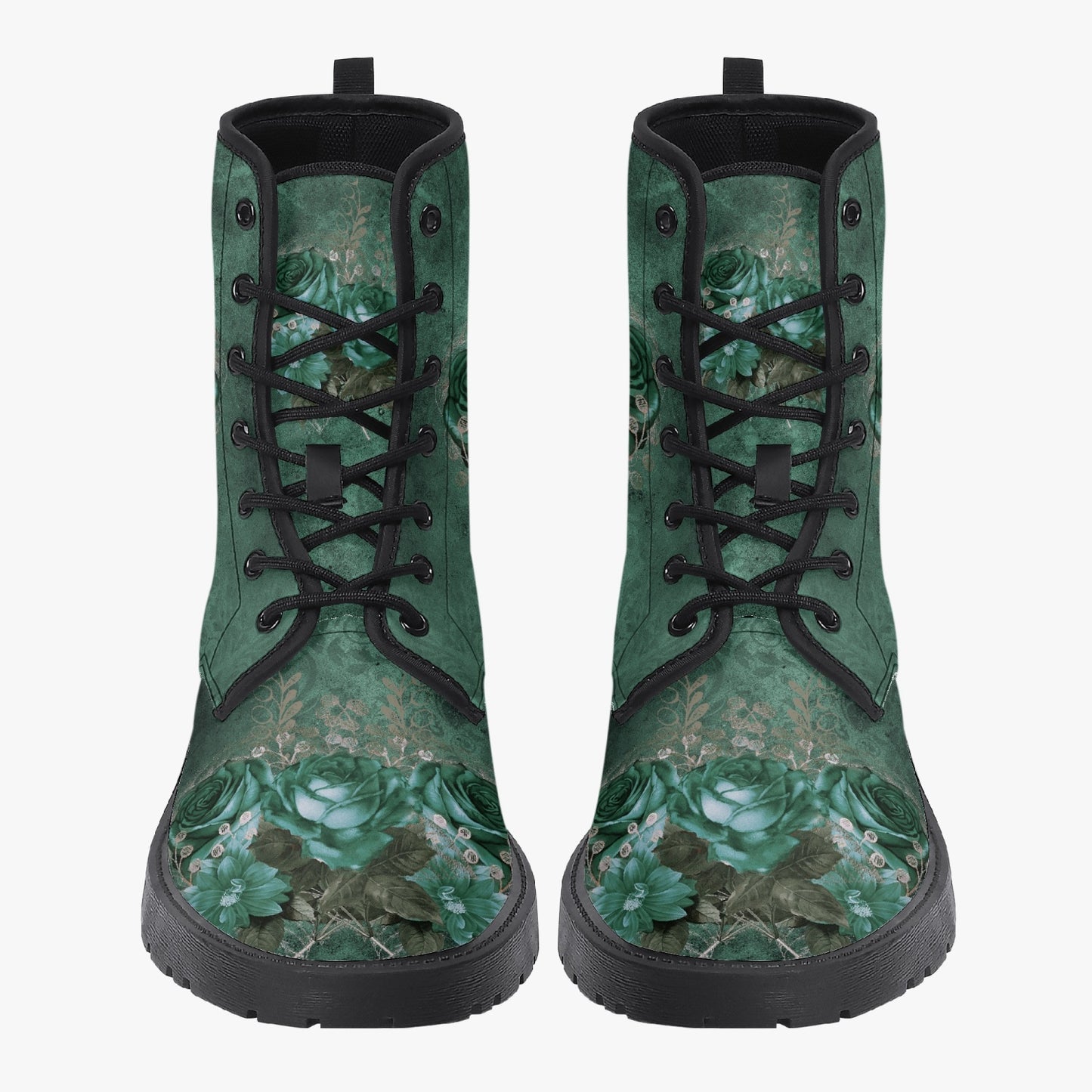 Gothic Green Roses Floral Vegan Leather Combat Boots - Dark Victorian Lace up Boots (JPREG72)