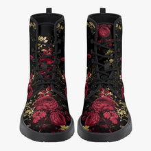 Load image into Gallery viewer, Red Roses Floral Black Vegan leather Combat Boots - Vegan Leather Floral Boots (JPREG28)
