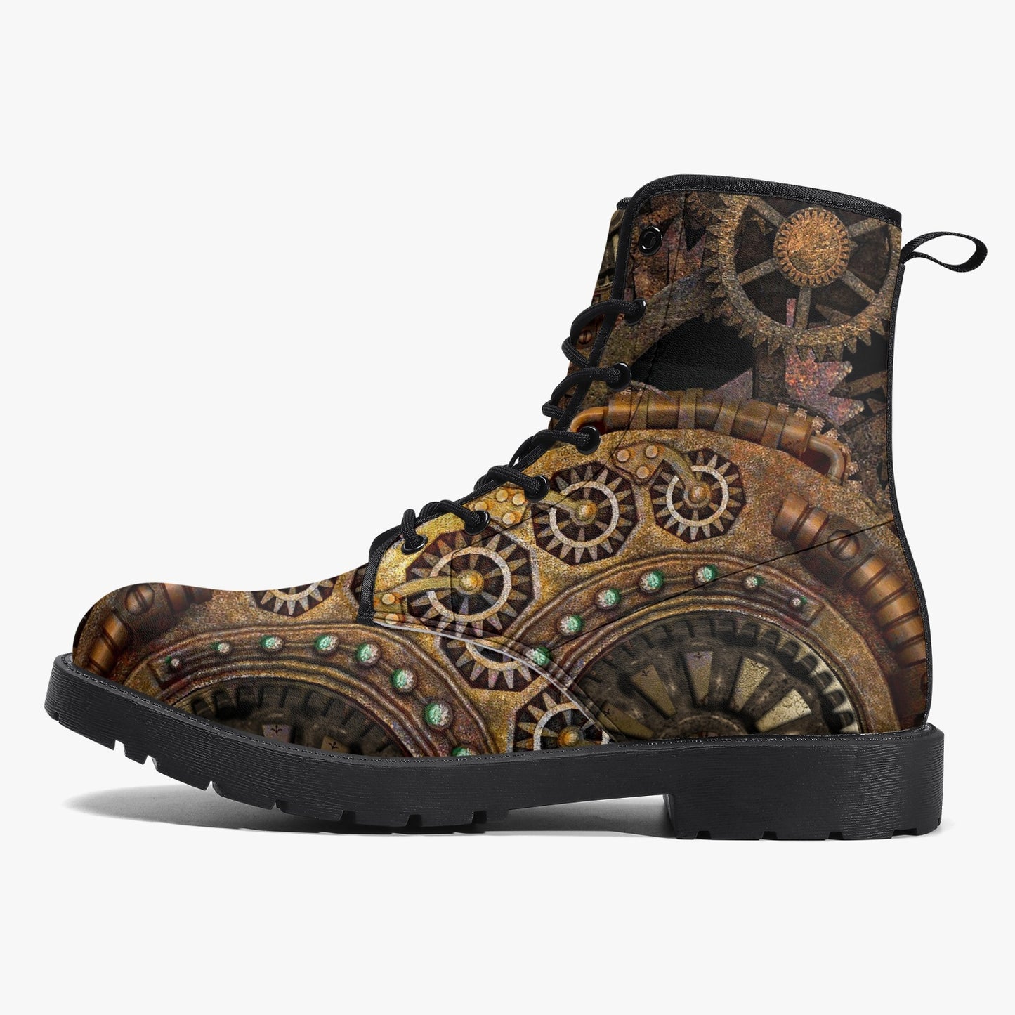 Steampunk Clockwork Gears Bronze Vegan leather Combat Boots - Vegan Leather Gothic Steampunk Boots (JPREGSTB)