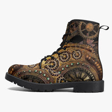 Load image into Gallery viewer, Steampunk Clockwork Gears Bronze Vegan leather Combat Boots - Vegan Leather Gothic Steampunk Boots (JPREGSTB)
