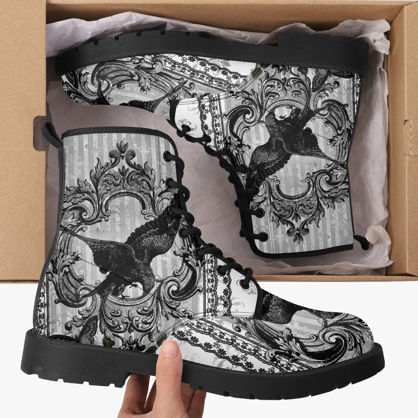 Gothic Raven Black and white Vegan leather Combat Boots - Raven boots  (JPREG61)