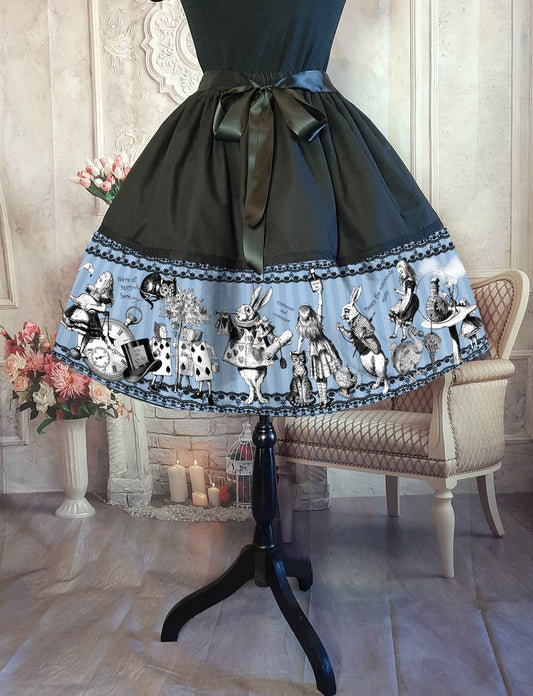 Alice in Wonderland Dusty Blue Full Skirt - Blue Alice Gothic Rockabilly Full Skirt