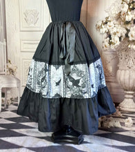 Load image into Gallery viewer, Gothic Raven Full Mid calf length skirt in black and grey.  Adjustable waist up to 50 inches, suitable for plus sizes.  Party Skirt, Full 50&#39;s style skirt
