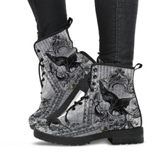 Load image into Gallery viewer, image shows black and grey custom printed lace up combat boots just above ankle length with black soles and laces.  The print features swooping ravens on a vintage wallpaper style background in grey
