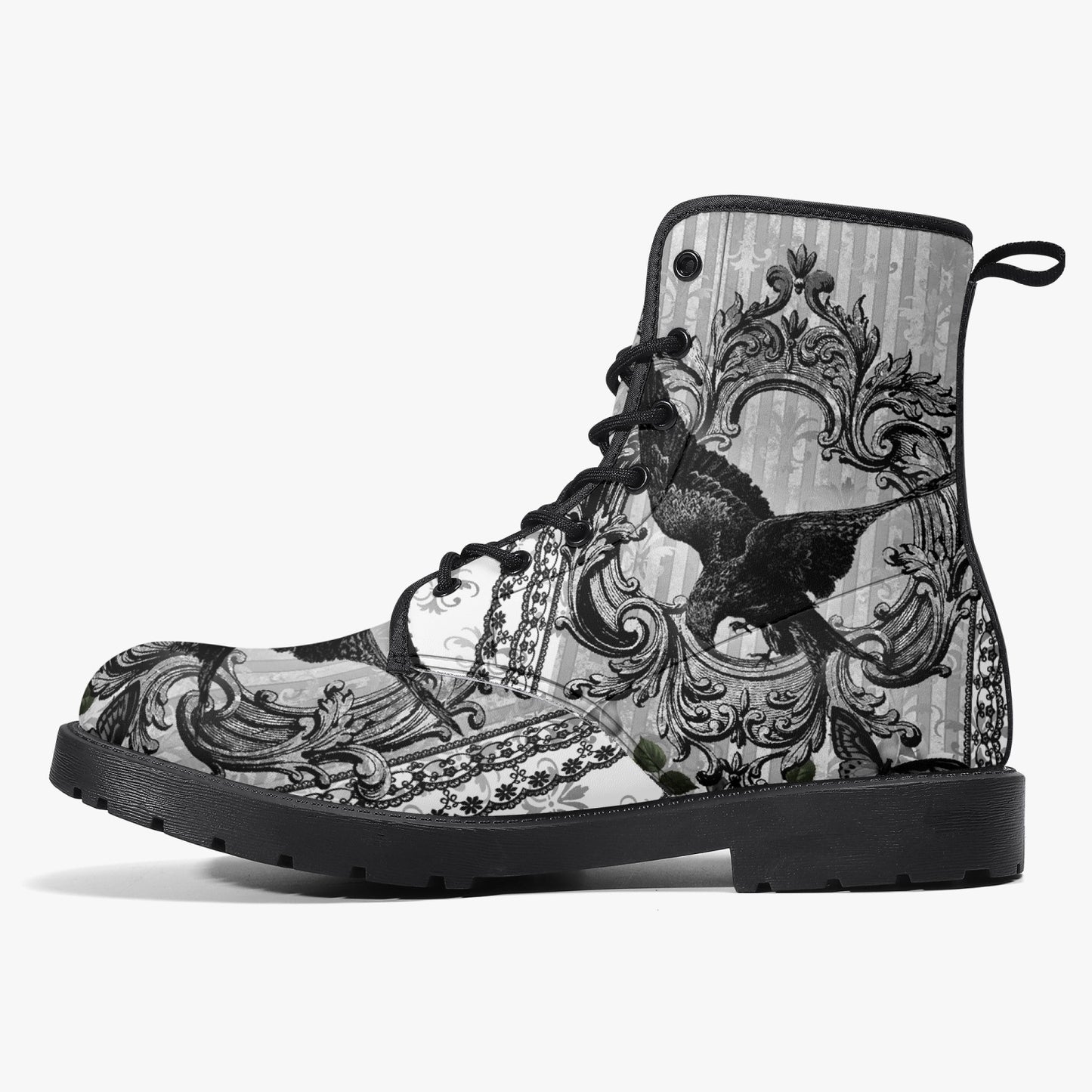 Gothic Raven Black and white Vegan leather Combat Boots - Raven boots  (JPREG61)