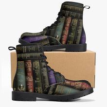 Load image into Gallery viewer, lace up combat boots printed with a vintage books print..   books shown are the raven, oscar wilde, shakespeare, jane austen and others.  The boots have a black rubber sole and are just above ankle length. 
