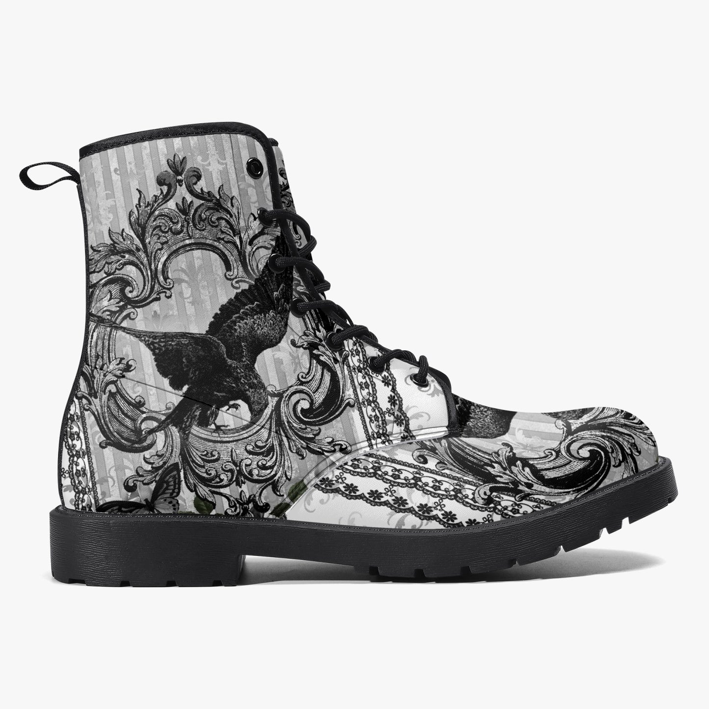 Gothic Raven Black and white Vegan leather Combat Boots - Raven boots  (JPREG61)