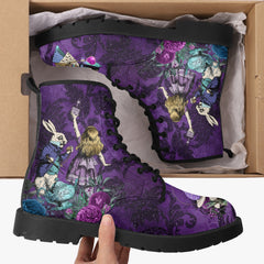 Alice in Wonderland Dark Alice Purple Lace Up Combat Boots. (JPREG94)