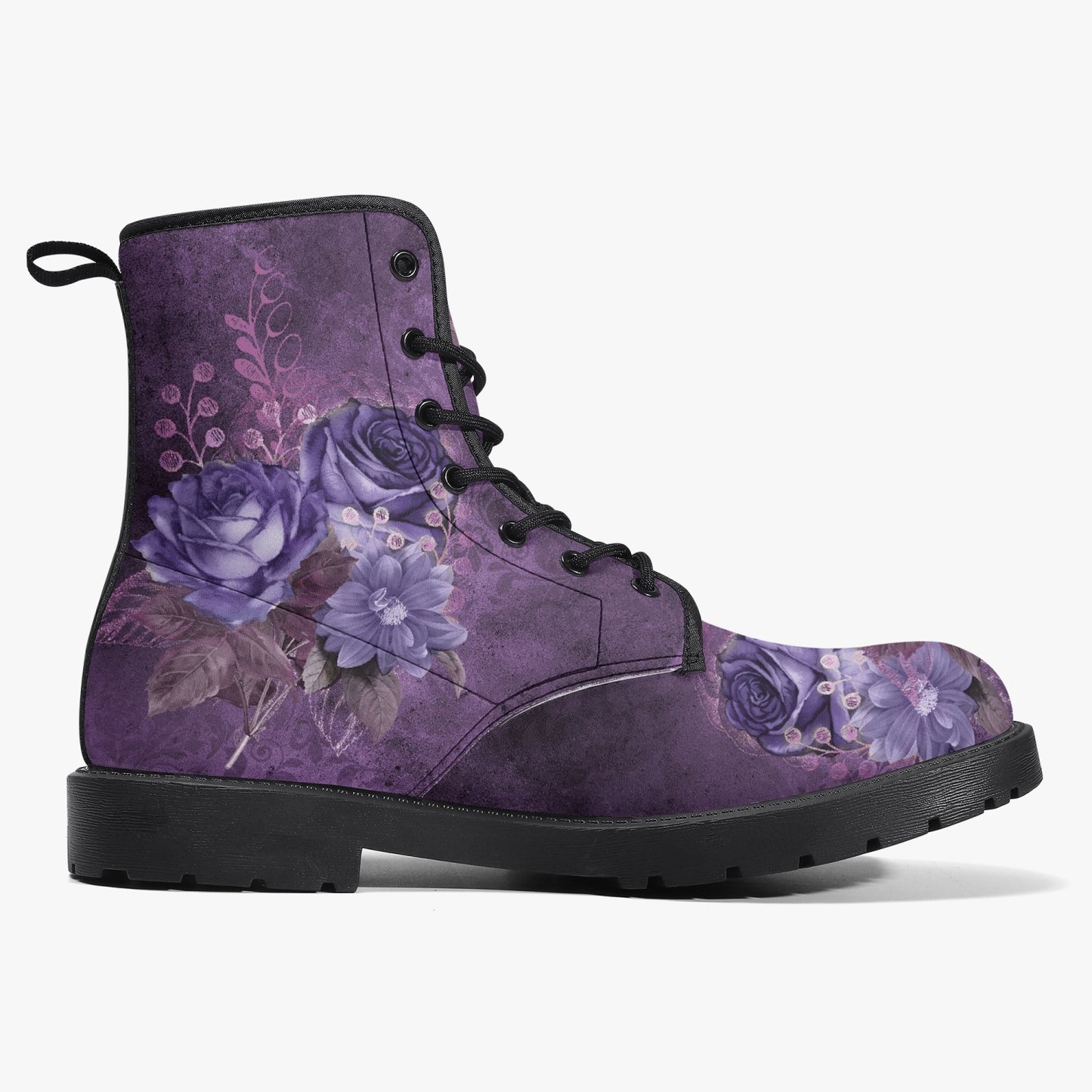 Purple Gothic Floral Vegan leather Combat Boots - Dark Victorian Roses Boots (JPREG71)