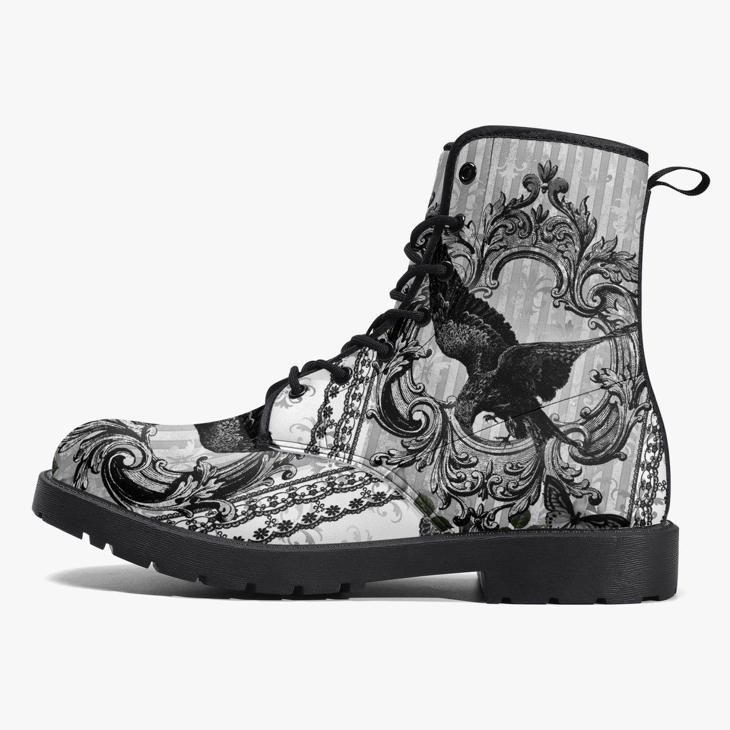 Gothic Raven Black and white Vegan leather Combat Boots - Raven boots  (JPREG61)