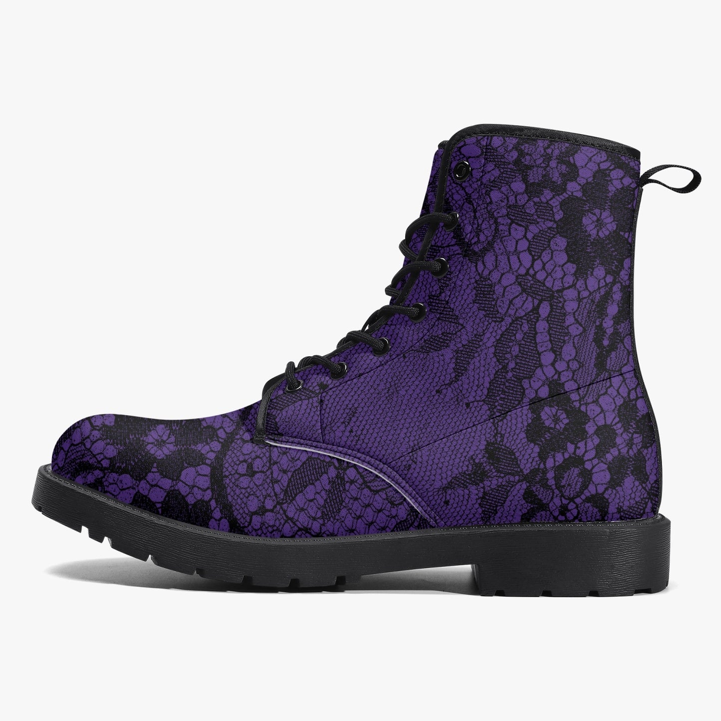 Purple and Black Lace Vegan leather Combat Boots - Vegan Leather Purple Goth Boots (JPREG26)