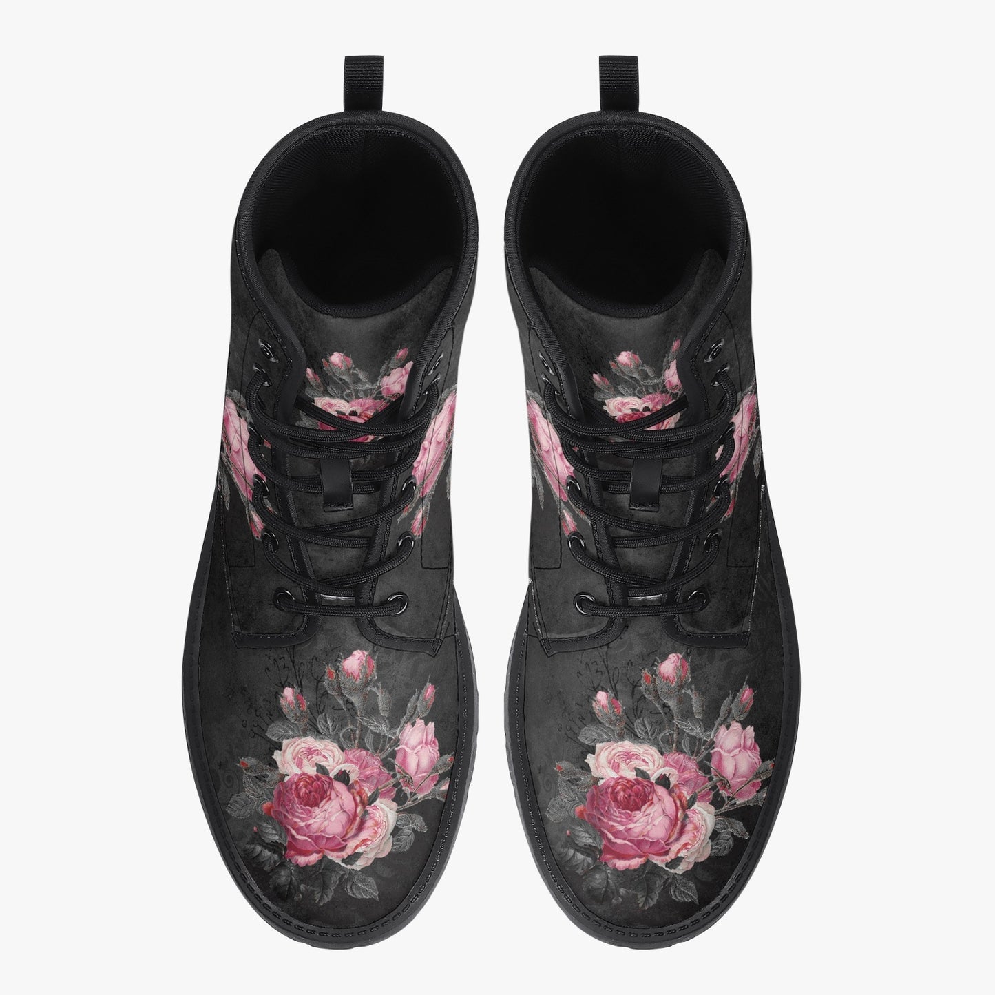 Gothic Pink and Grey Floral Vegan leather Combat Boots - Dark Victorian Roses Boots  (JPREG74)