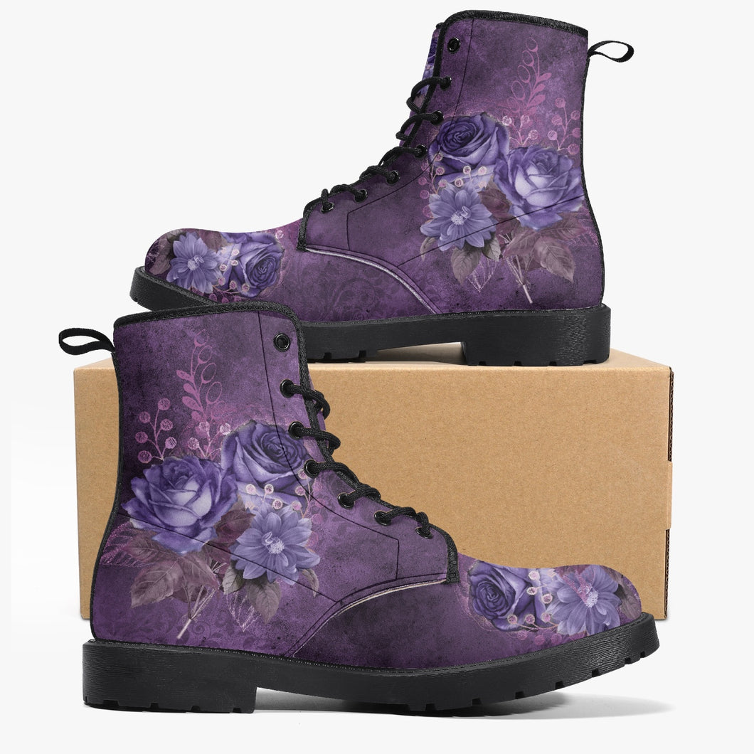 Purple Gothic Floral Vegan leather Combat Boots - Dark Victorian Roses Boots (JPREG71)