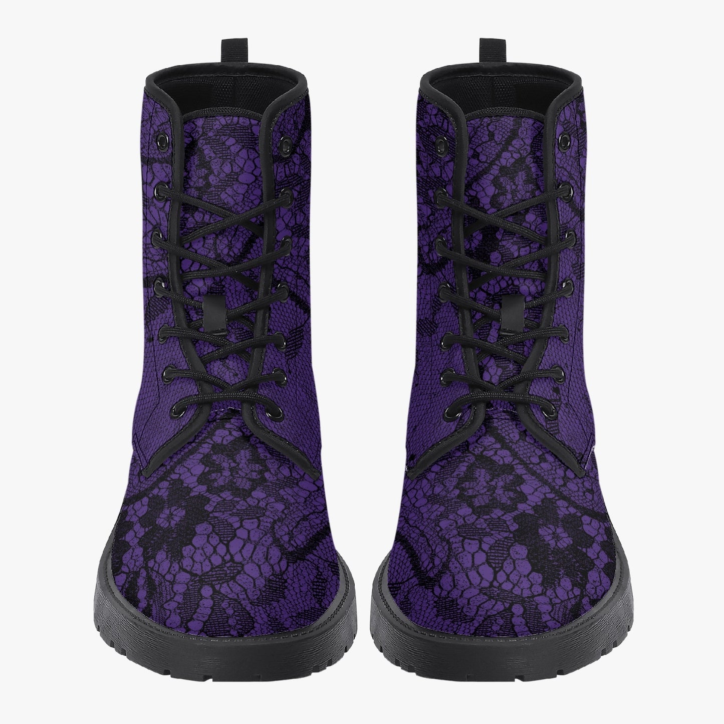 Purple and Black Lace Vegan leather Combat Boots - Vegan Leather Purple Goth Boots (JPREG26)