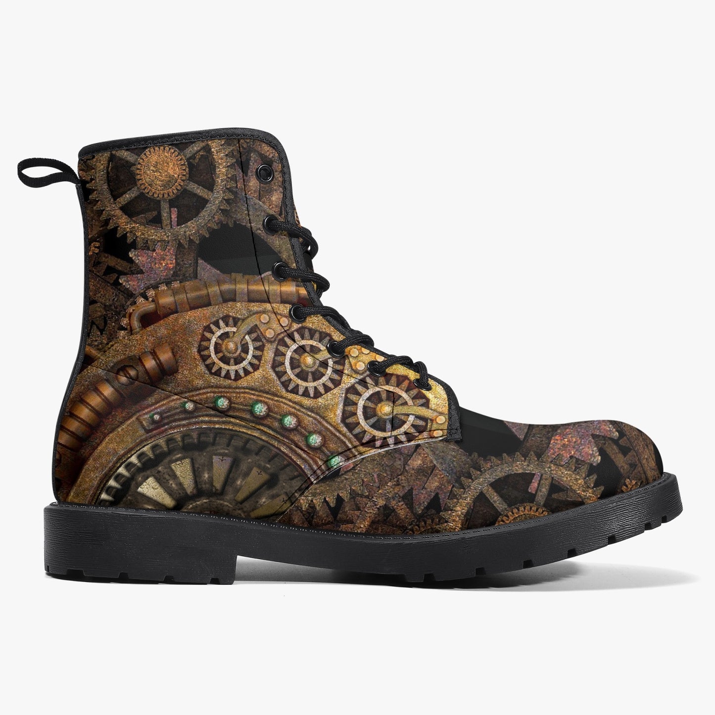 Steampunk Clockwork Gears Bronze Vegan leather Combat Boots - Vegan Leather Gothic Steampunk Boots (JPREGSTB)