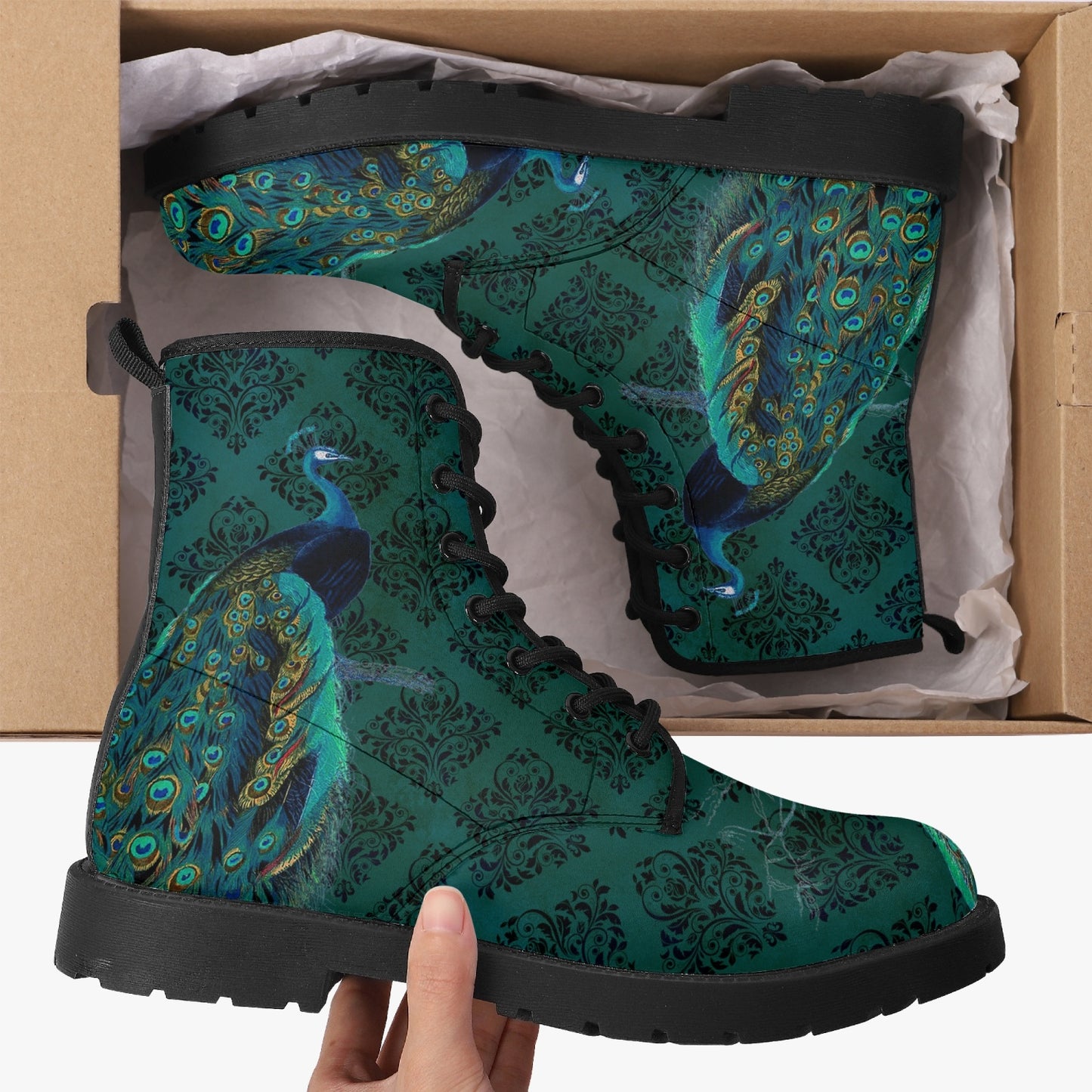 Peacock Boots - Blue, green Vegan Leather Combat Boots (JPREG53)