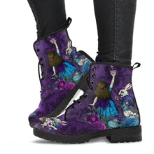 Load image into Gallery viewer, alice in wonderland purple lace up combat boots featuring alice reaching for the drink me bottle watched by the white rabbit.  The background of the boots is deep purple and alice has dark hair
