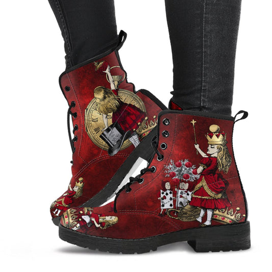 Alice in Wonderland Gothic Red and Gold Combat Boots - Through the Looking Glass Goth Boots, Red Gothic Grunge Version (JPREG96)