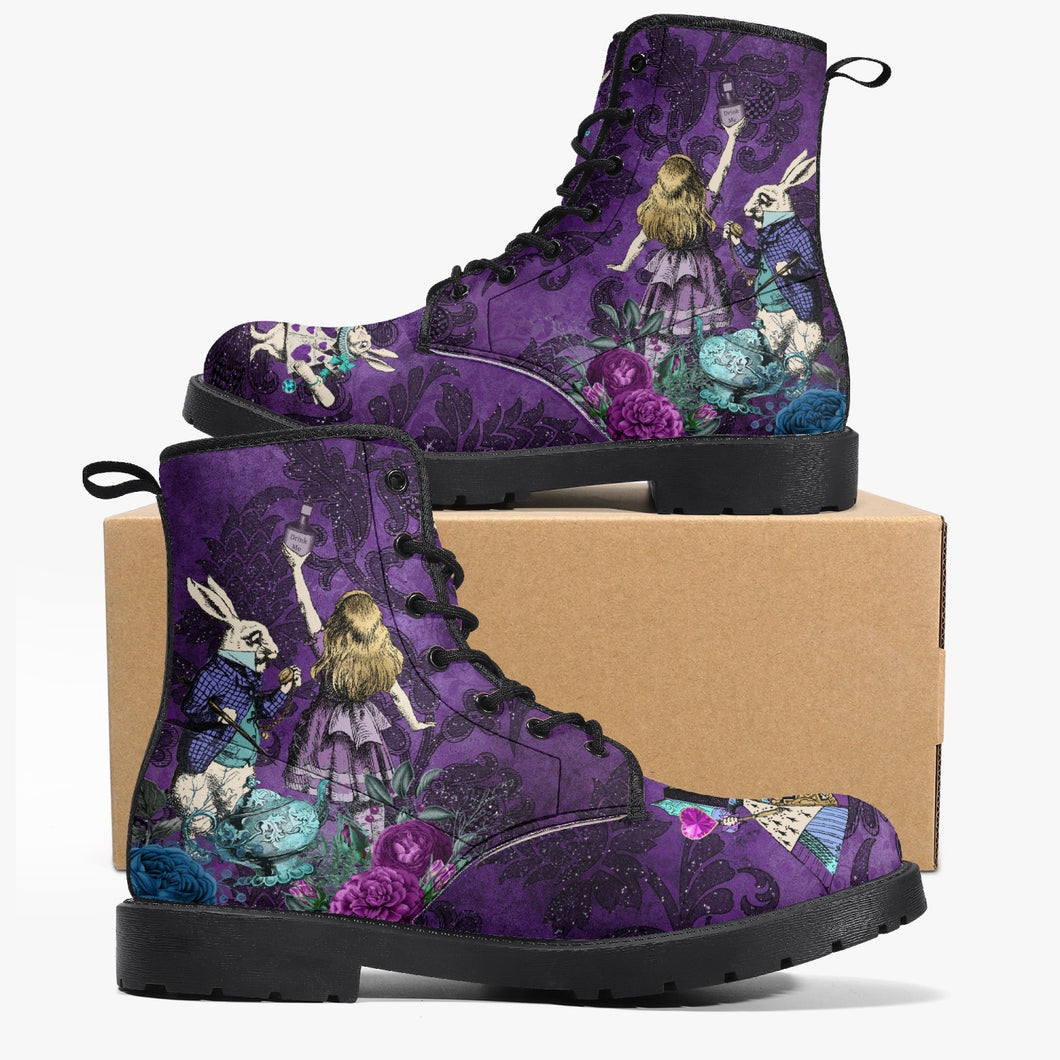Alice in Wonderland Dark Alice Purple Vegan Leather Combat Boots. (JPREG94)