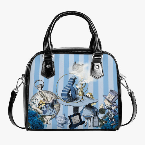 blue alice in wonderland shoulder handbag purse. Blue striped background in pastel colours, with Alice and the caterpillar, the white rabbit and mad hatter printed in the foreground. the bag has black handles, sides and shoulder strap. Lots of compartments for storing your items. The bag measures approximately 9 inches wide by 8 inches high. lovely gift for Alice fan.