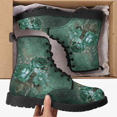 Gothic Green Roses Floral Lace Up Combat Boots - Dark Victorian Lace up Boots (JPREG72)